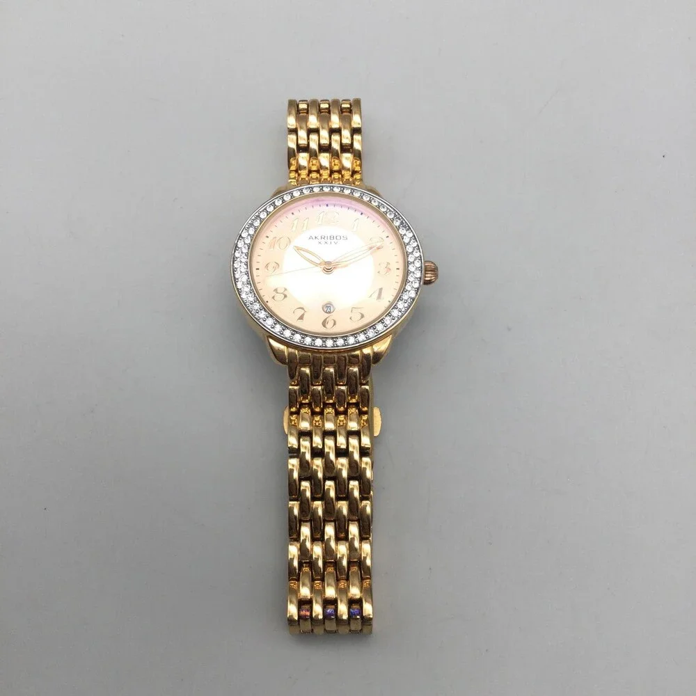 Akribos XXIV Womens Watch 33mm Gold Tone Crystals Date New Battery 7.5